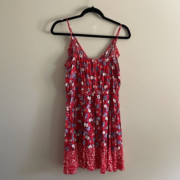 Express Women Sz L Red Floral Faux Wrap Adj Spaghetti Strap Ruffled Sundress - Picture 11 of 11
